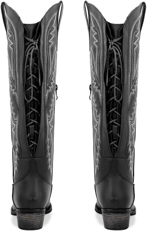 sexytag Cowboy Boots for Women Knee High Cowgirl Boots Embroidered Lace Up Western Boots