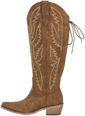 sexytag Cowboy Boots for Women Knee High Cowgirl Boots Embroidered Lace Up Western Boots