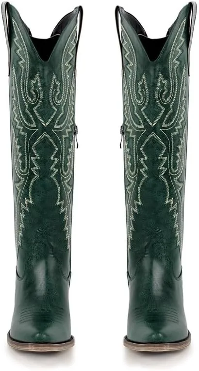 sexytag Cowboy Boots for Women Knee High Cowgirl Boots Embroidered Lace Up Western Boots