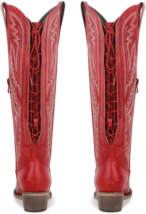 sexytag Cowboy Boots for Women Knee High Cowgirl Boots Embroidered Lace Up Western Boots