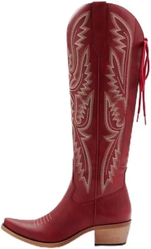 sexytag Cowboy Boots for Women Knee High Cowgirl Boots Embroidered Lace Up Western Boots