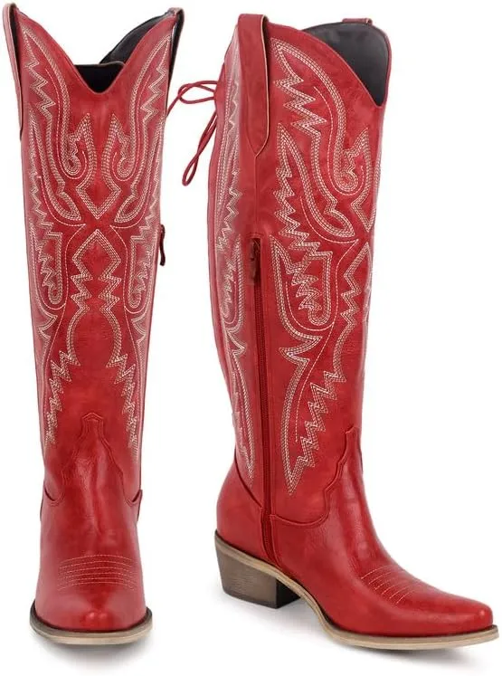 sexytag Cowboy Boots for Women Knee High Cowgirl Boots Embroidered Lace Up Western Boots