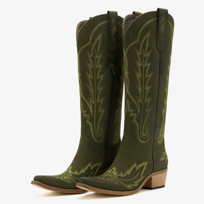 sexytag Cowboy Boots for Women Knee High Cowgirl Boots Wide Calf Embroidered Western Boots
