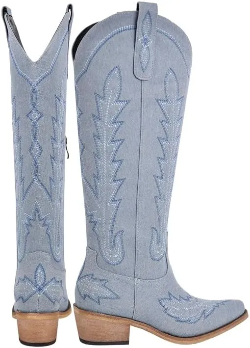 sexytag Cowboy Boots for Women Knee High Cowgirl Boots Wide Calf Embroidered Western Boots