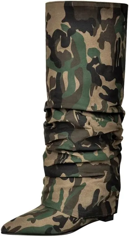 sexytag Fold Over Wedge Heel Metallic Boots Slouchy Ruched Knee High Boots