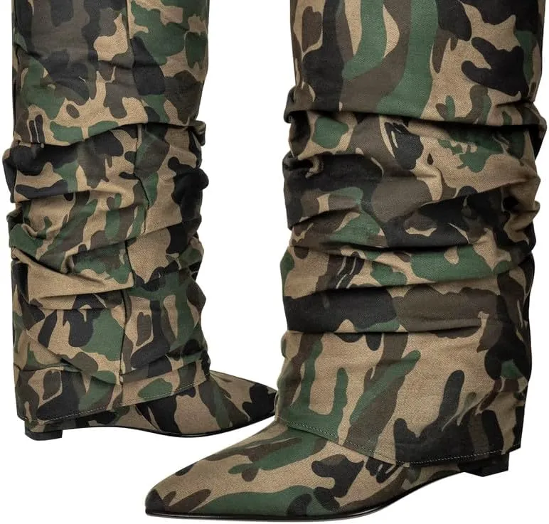 sexytag Fold Over Wedge Heel Metallic Boots Slouchy Ruched Knee High Boots