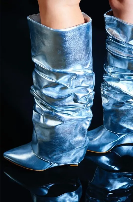 sexytag Fold Over Wedge Heel Metallic Boots Slouchy Ruched Knee High Boots