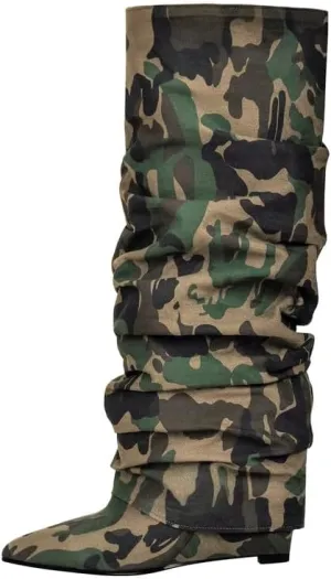 sexytag Fold Over Wedge Heel Metallic Boots Slouchy Ruched Knee High Boots