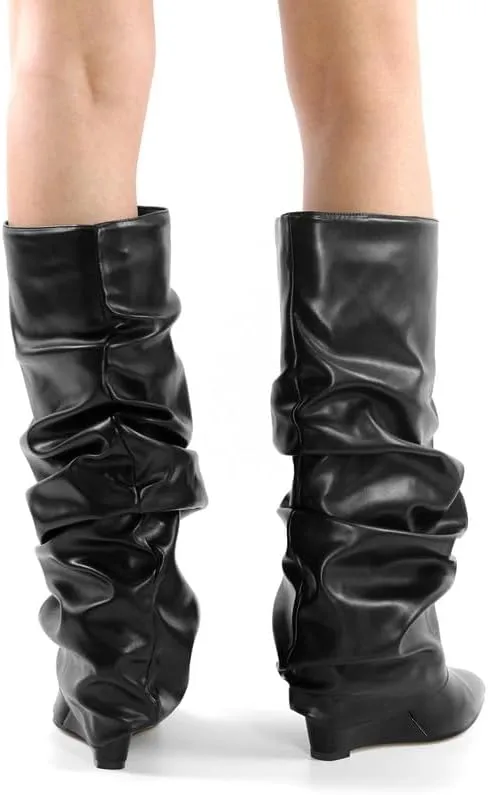 sexytag Fold Over Wedge Heel Metallic Boots Slouchy Ruched Knee High Boots