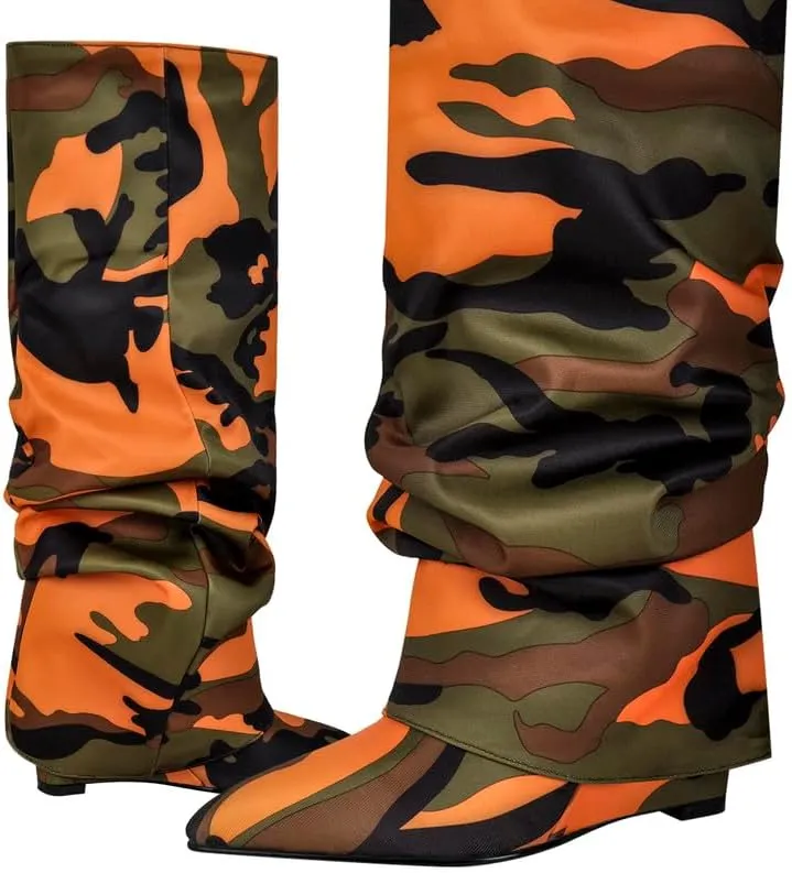 sexytag Fold Over Wedge Heel Metallic Boots Slouchy Ruched Knee High Boots