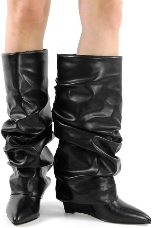 sexytag Fold Over Wedge Heel Metallic Boots Slouchy Ruched Knee High Boots
