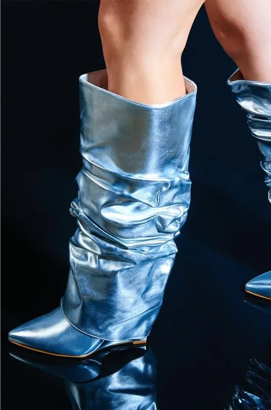 sexytag Fold Over Wedge Heel Metallic Boots Slouchy Ruched Knee High Boots