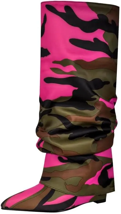 sexytag Fold Over Wedge Heel Metallic Boots Slouchy Ruched Knee High Boots