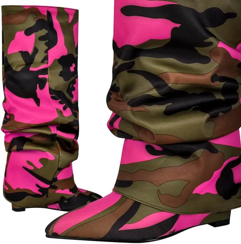 sexytag Fold Over Wedge Heel Metallic Boots Slouchy Ruched Knee High Boots