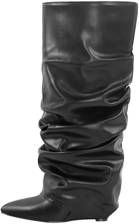 sexytag Fold Over Wedge Heel Metallic Boots Slouchy Ruched Knee High Boots