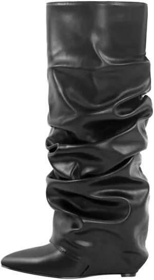 sexytag Fold Over Wedge Heel Metallic Boots Slouchy Ruched Knee High Boots