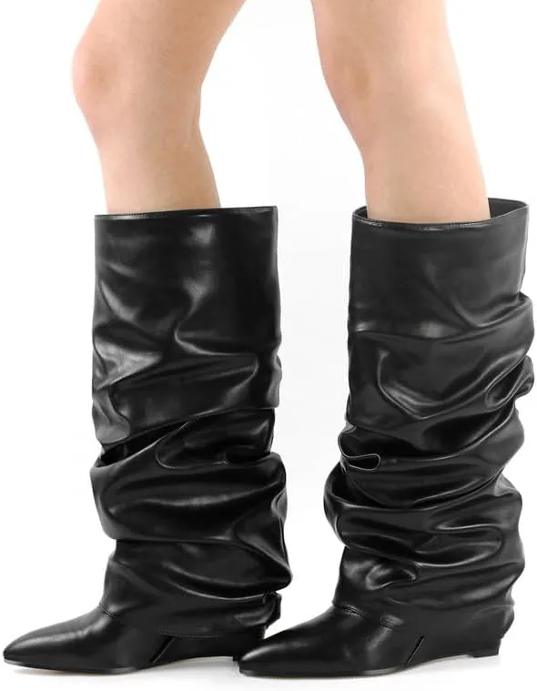 sexytag Fold Over Wedge Heel Metallic Boots Slouchy Ruched Knee High Boots