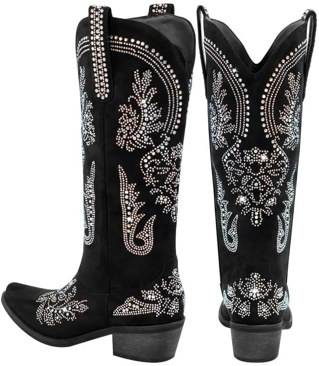 sexytag Western Cowboy Boots for Women Embroidered Rhinestones Knee High Cowgirl Boots