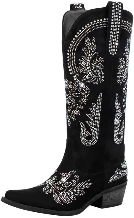 sexytag Western Cowboy Boots for Women Embroidered Rhinestones Knee High Cowgirl Boots
