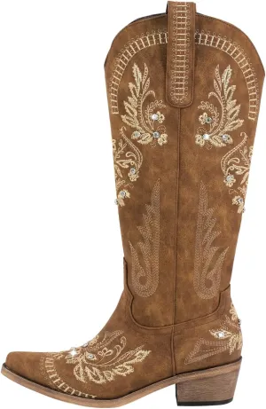 sexytag Western Cowboy Boots for Women Embroidered Rhinestones Knee High Cowgirl Boots