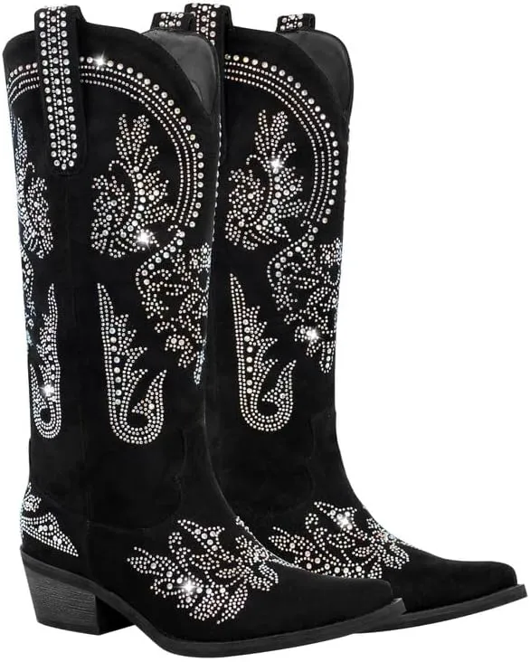 sexytag Western Cowboy Boots for Women Embroidered Rhinestones Knee High Cowgirl Boots