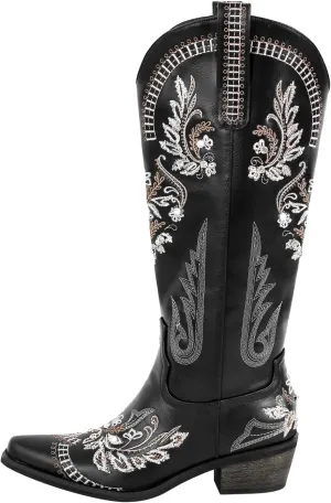 sexytag Western Cowboy Boots for Women Embroidered Rhinestones Knee High Cowgirl Boots