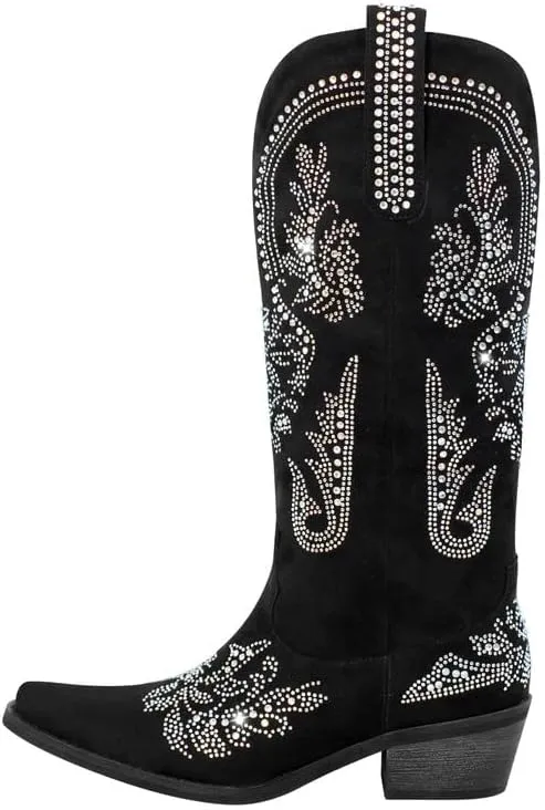sexytag Western Cowboy Boots for Women Embroidered Rhinestones Knee High Cowgirl Boots