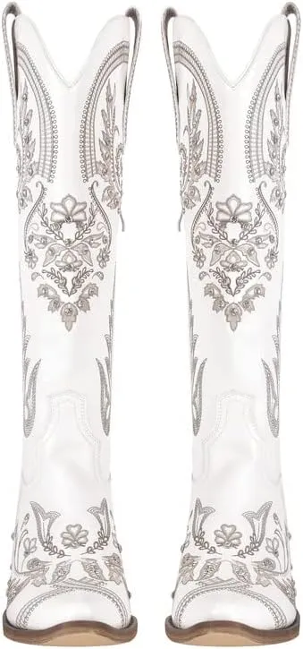 sexytag Western Cowboy Boots for Women Embroidered Rhinestones Knee High Cowgirl Boots