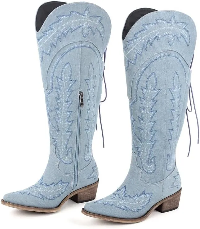 sexytag Western Cowboy Boots for Women Embroidered Thigh High Cowgirl Boots
