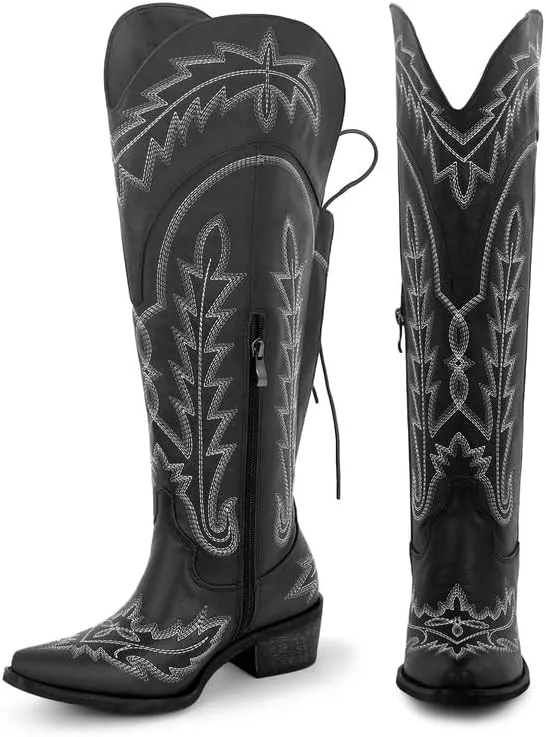 sexytag Western Cowboy Boots for Women Embroidered Thigh High Cowgirl Boots
