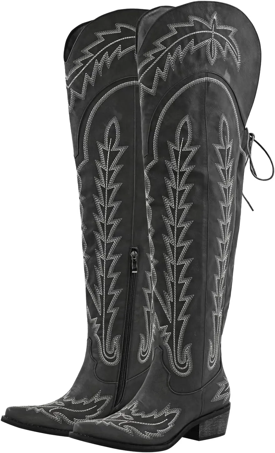 sexytag Western Cowboy Boots for Women Embroidered Thigh High Cowgirl Boots