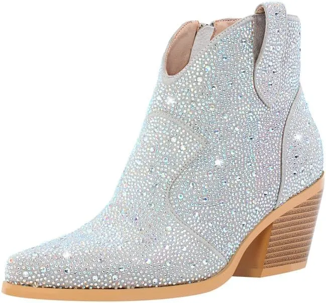 sexytag Women's Rhinestone Western Sparkly Cowboy Chelsea Boots Chunky Low Heel Pointed Toe Pull-On Short Ankle Booties