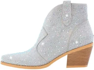 sexytag Women's Rhinestone Western Sparkly Cowboy Chelsea Boots Chunky Low Heel Pointed Toe Pull-On Short Ankle Booties