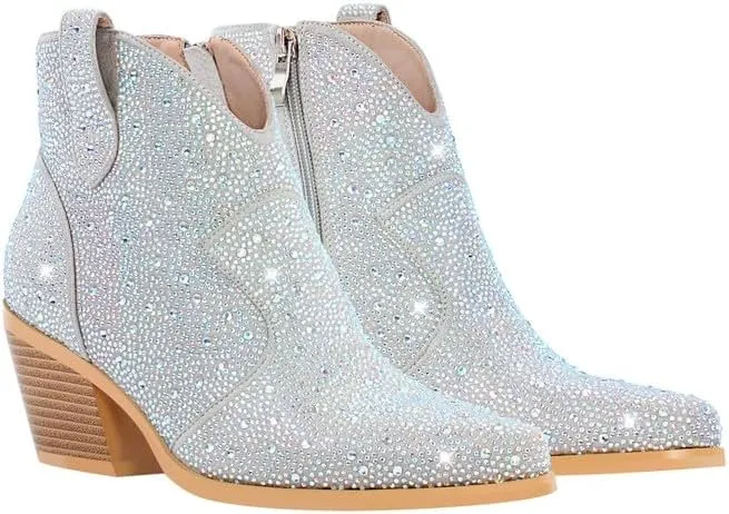 sexytag Women's Rhinestone Western Sparkly Cowboy Chelsea Boots Chunky Low Heel Pointed Toe Pull-On Short Ankle Booties