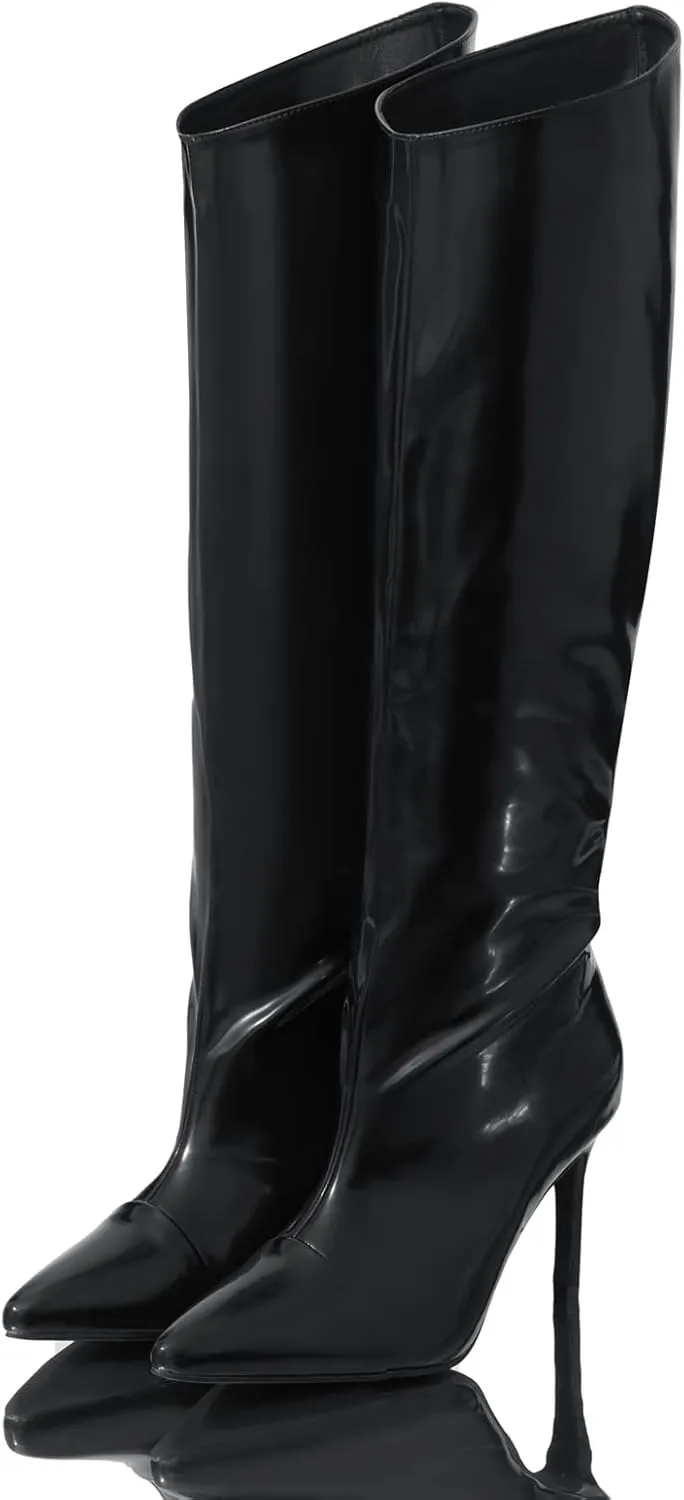 Shoe'N Tale Women's Knee High Boots Pointed Toe Stiletto High Heel Metallic Party Dressy Slip-on Booties Shoes