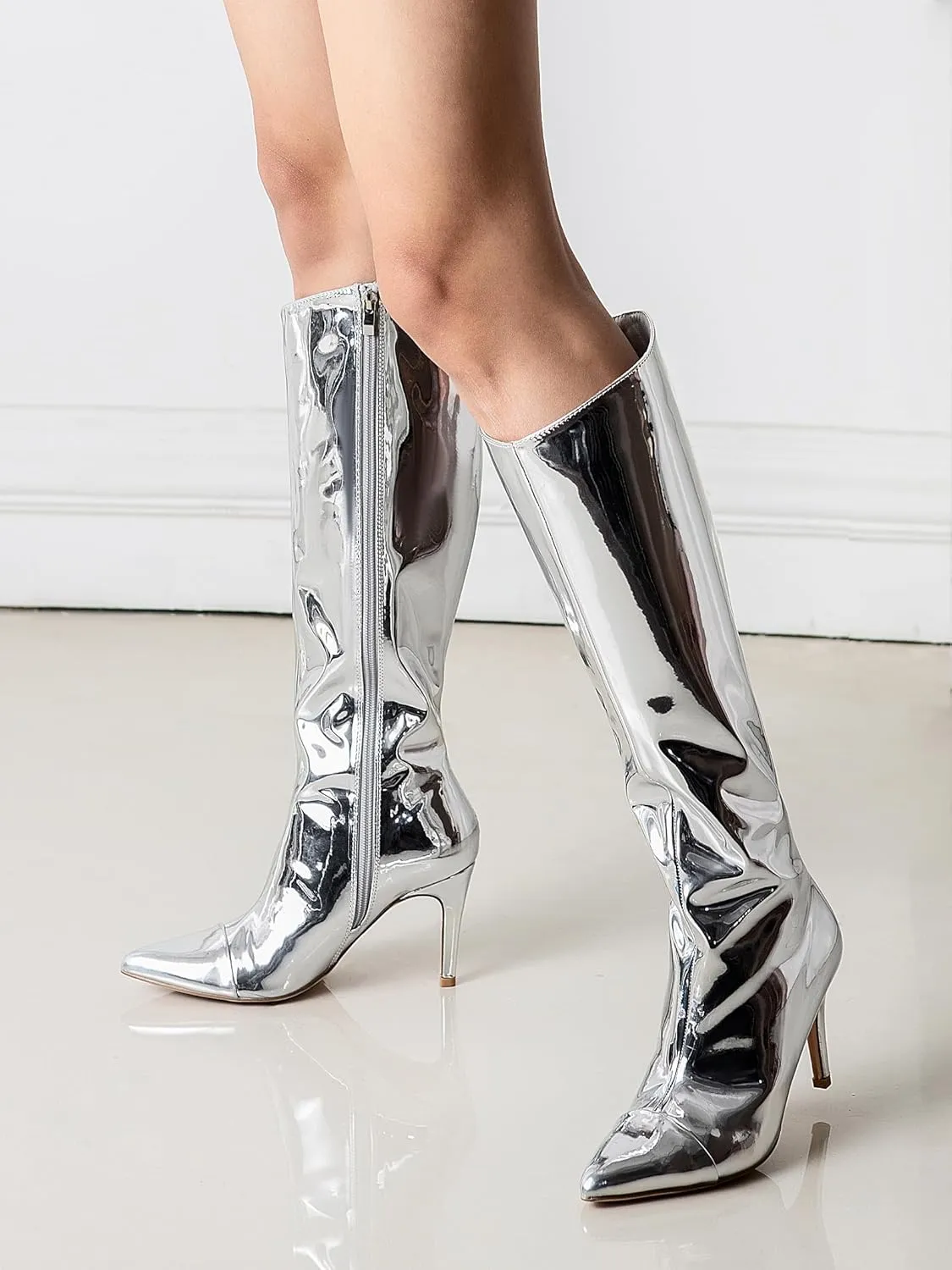 Shoe'N Tale Women's Knee High Boots Pointed Toe Stiletto High Heel Metallic Party Dressy Slip-on Booties Shoes