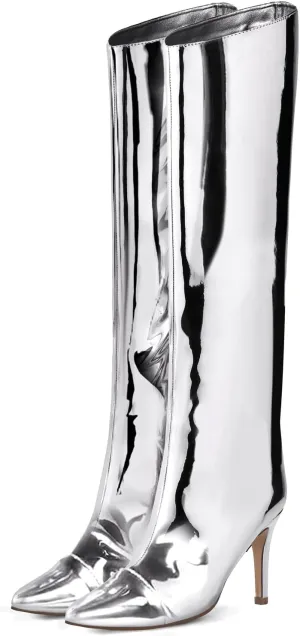 Shoe'N Tale Women's Knee High Boots Pointed Toe Stiletto High Heel Metallic Party Dressy Slip-on Booties Shoes