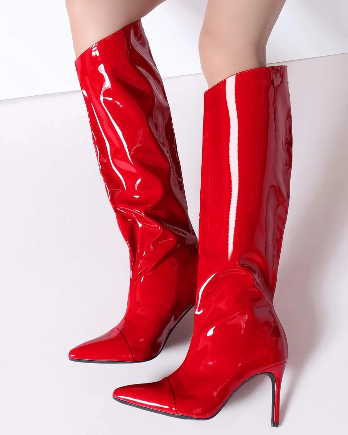 Shoe'N Tale Women's Knee High Boots Pointed Toe Stiletto High Heel Metallic Party Dressy Slip-on Booties Shoes
