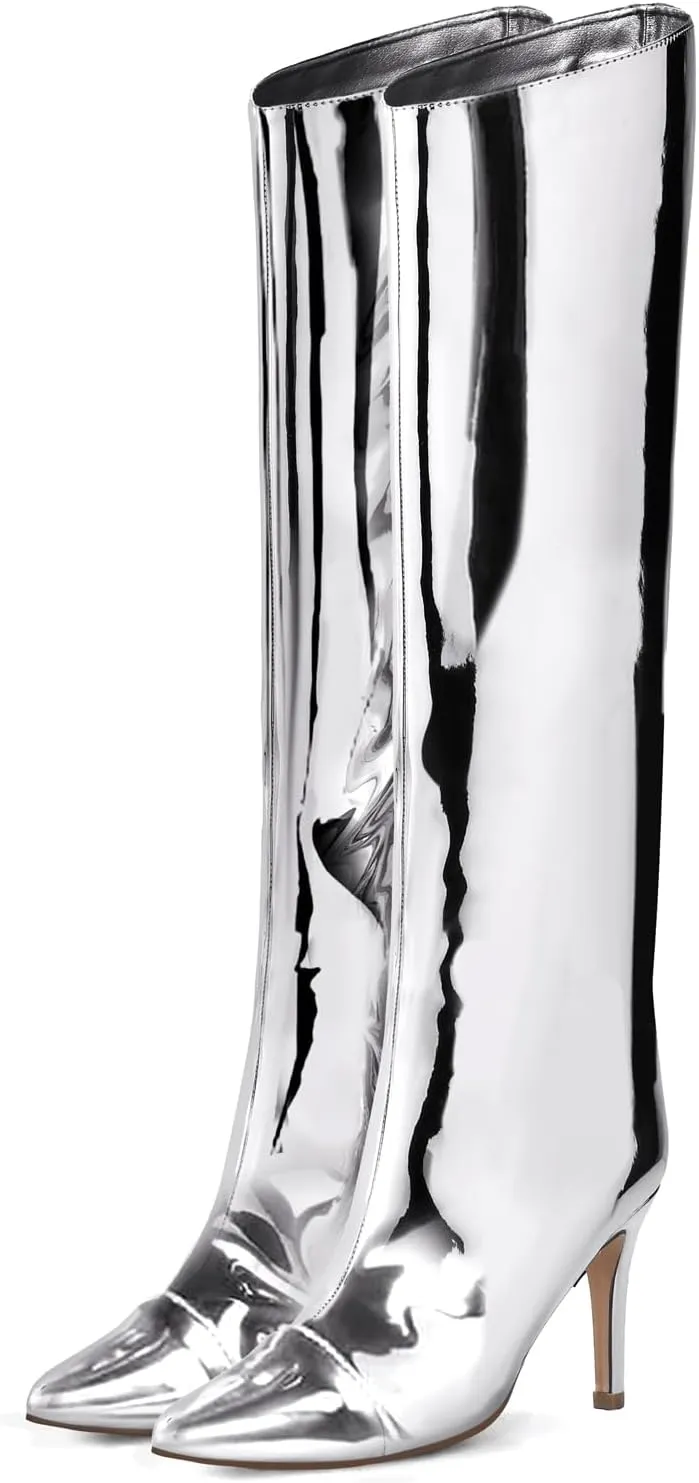 Shoe'N Tale Women's Knee High Boots Pointed Toe Stiletto High Heel Metallic Party Dressy Slip-on Booties Shoes