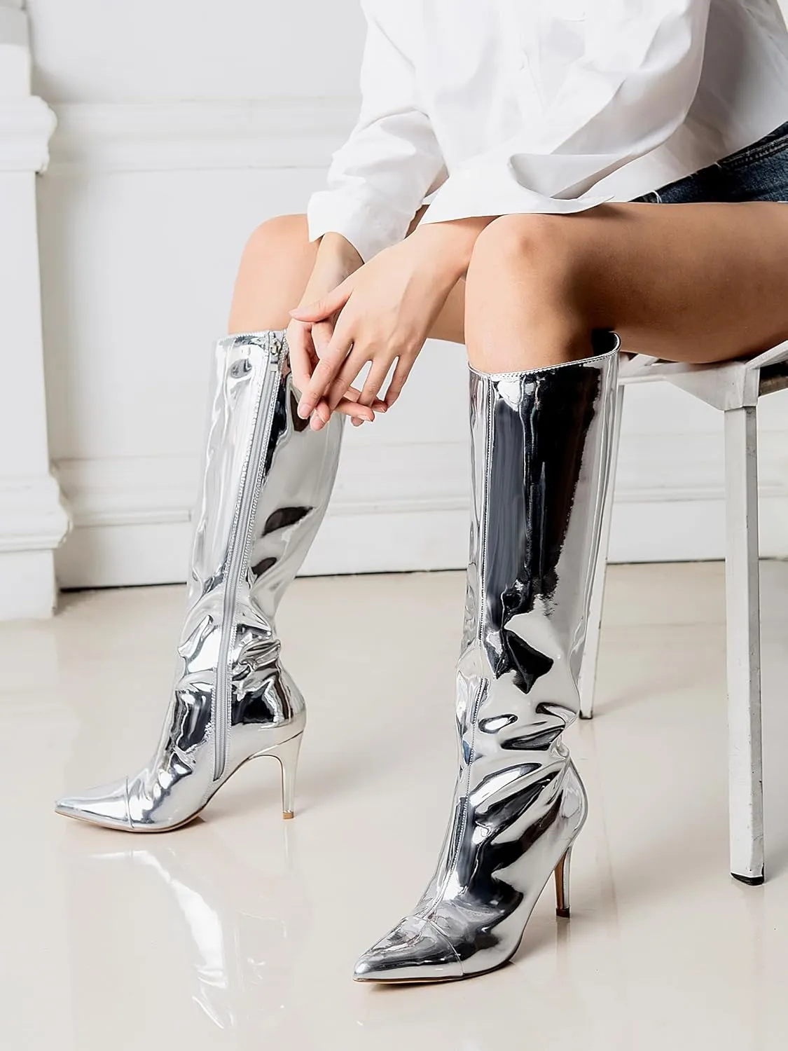 Shoe'N Tale Women's Knee High Boots Pointed Toe Stiletto High Heel Metallic Party Dressy Slip-on Booties Shoes