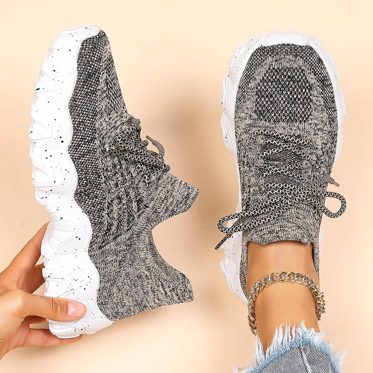 Shoes Women, Women's Fashionable Lace-up Low Top Slip on Sneakers, Casual Comfortable Ankle Socks Shoes