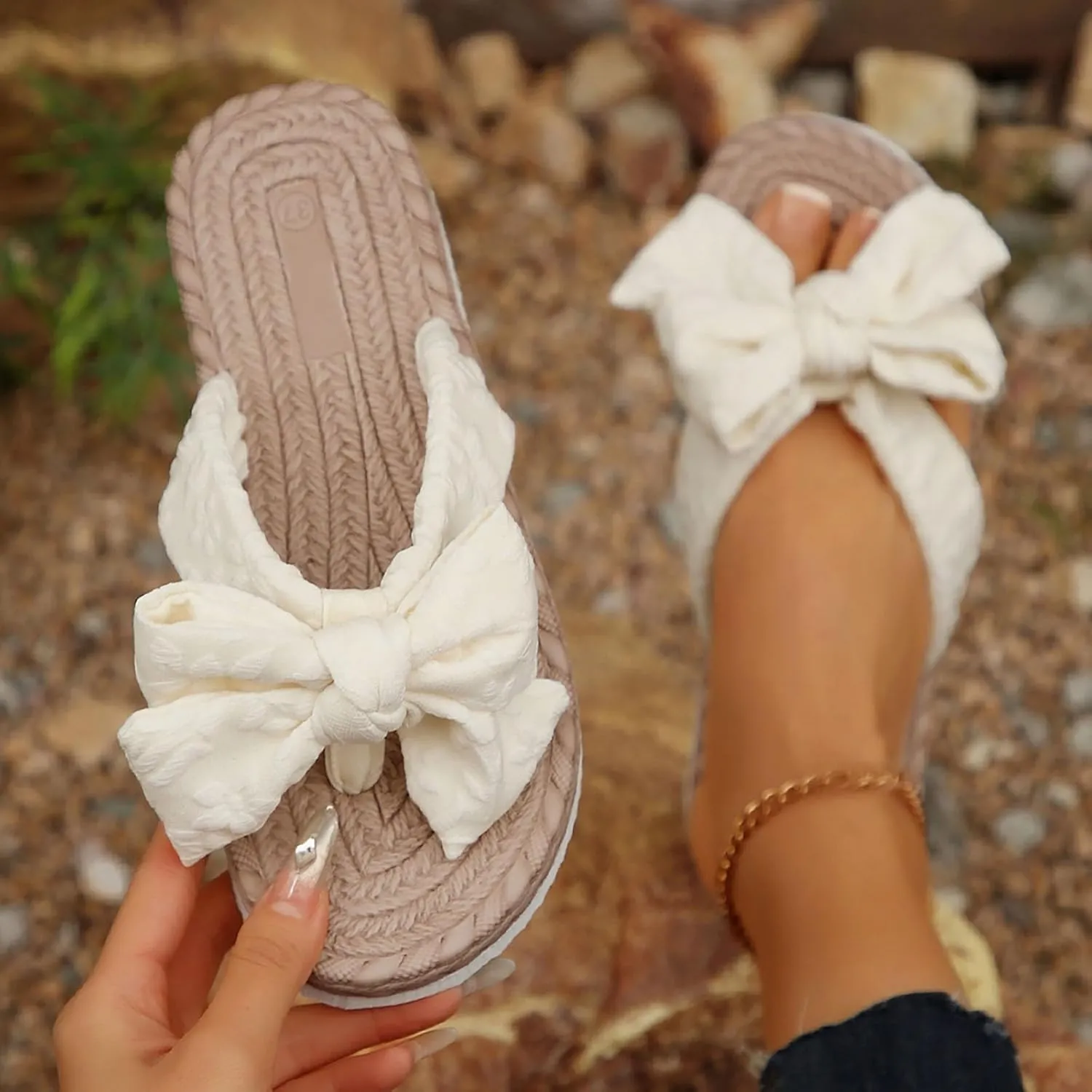 Slippers for Women Memory Foam House Slippers Slip on Flip Flops Ring Toe Sandals Bow Summer Slide Flat Sandals
