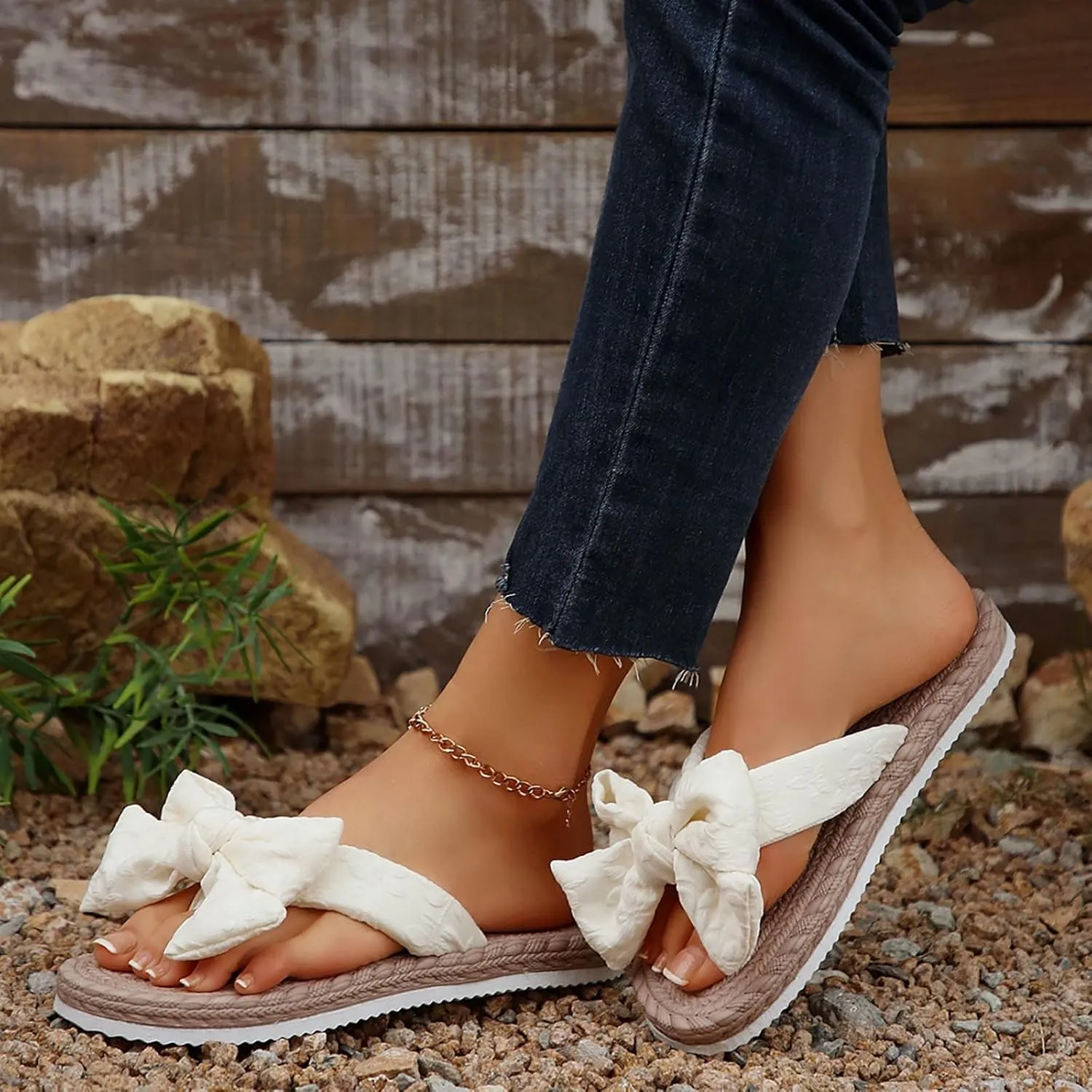 Slippers for Women Memory Foam House Slippers Slip on Flip Flops Ring Toe Sandals Bow Summer Slide Flat Sandals