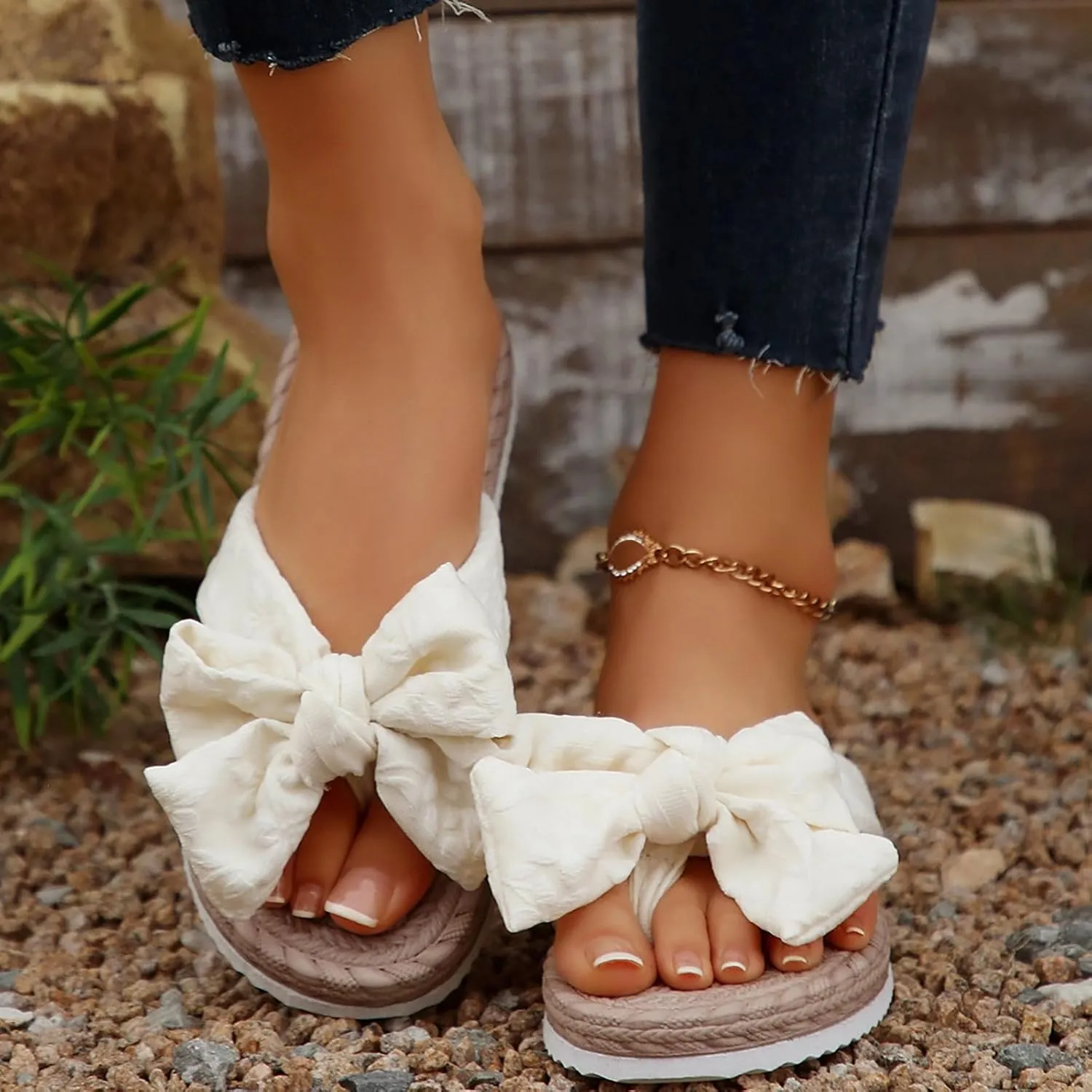 Slippers for Women Memory Foam House Slippers Slip on Flip Flops Ring Toe Sandals Bow Summer Slide Flat Sandals