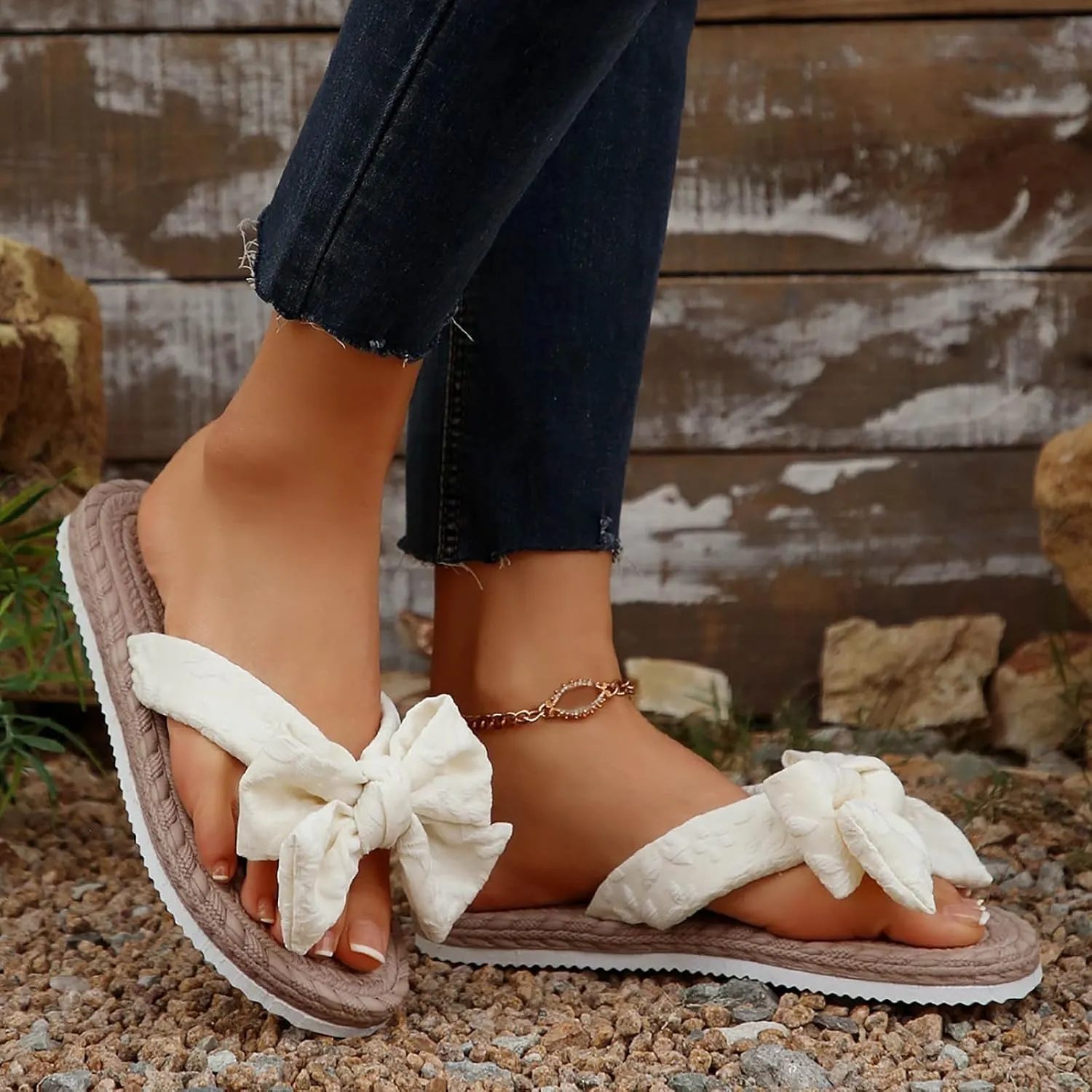 Slippers for Women Memory Foam House Slippers Slip on Flip Flops Ring Toe Sandals Bow Summer Slide Flat Sandals