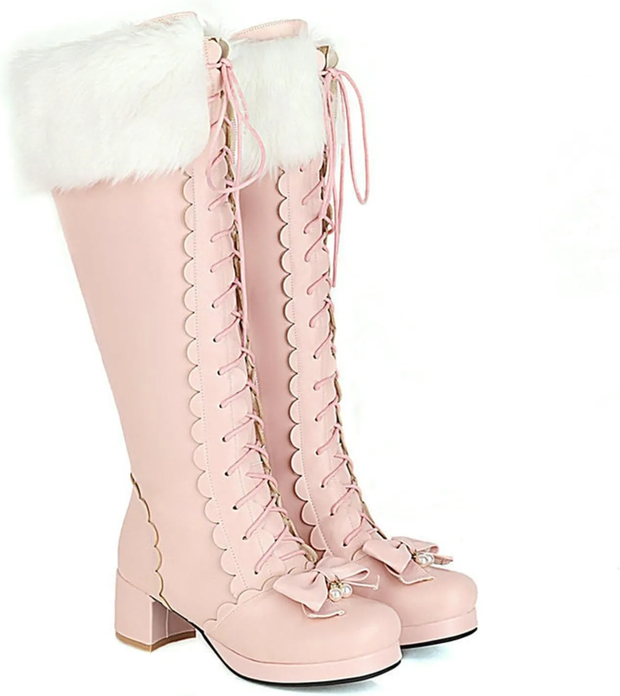 Snow Long Boots, Knee-High Boots Round-Toed, Thick Low-Heeled, Side Zipper, Front Lace-Up, Warm Women's Boots Large-Size Boots Decorated with Bow Laces