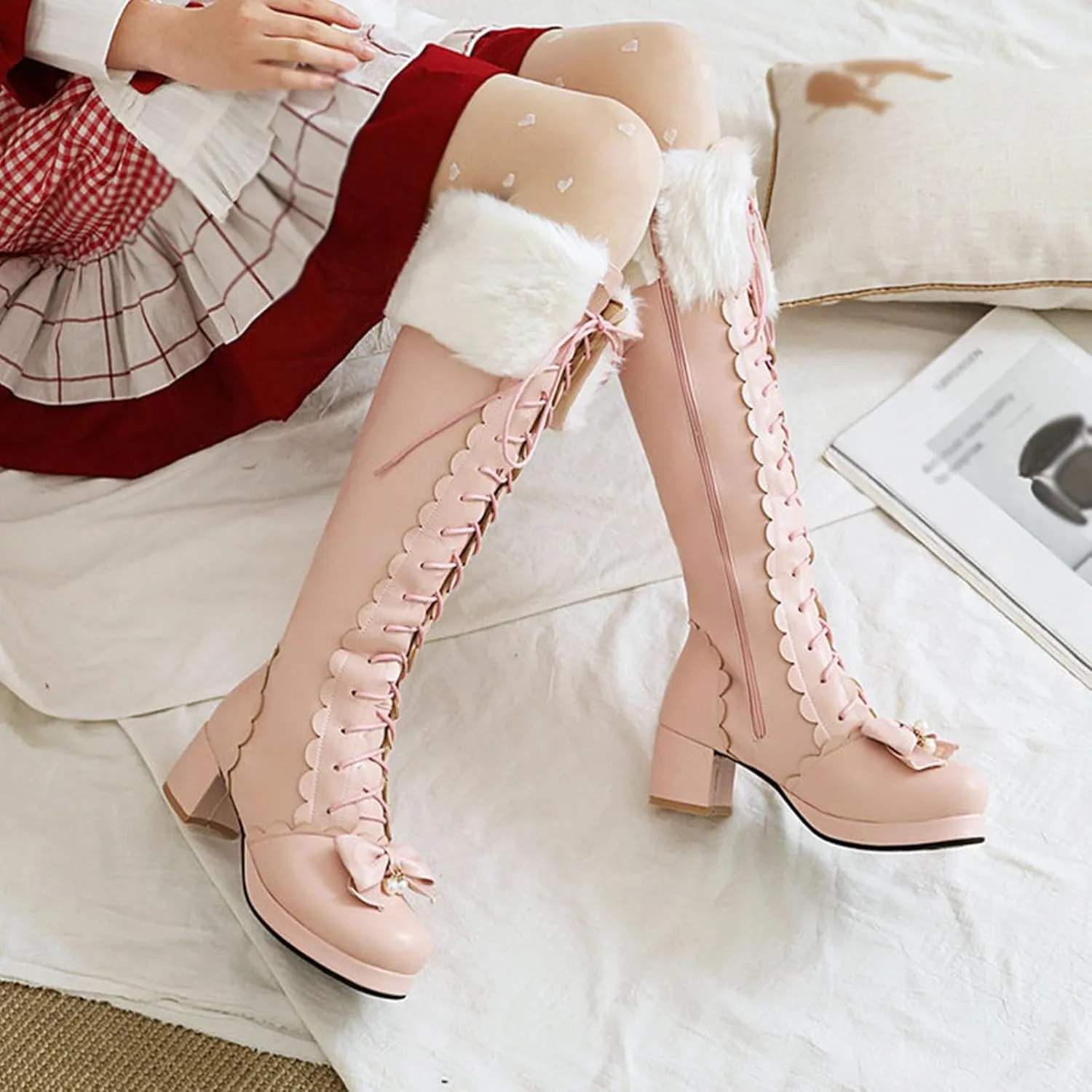 Snow Long Boots, Knee-High Boots Round-Toed, Thick Low-Heeled, Side Zipper, Front Lace-Up, Warm Women's Boots Large-Size Boots Decorated with Bow Laces