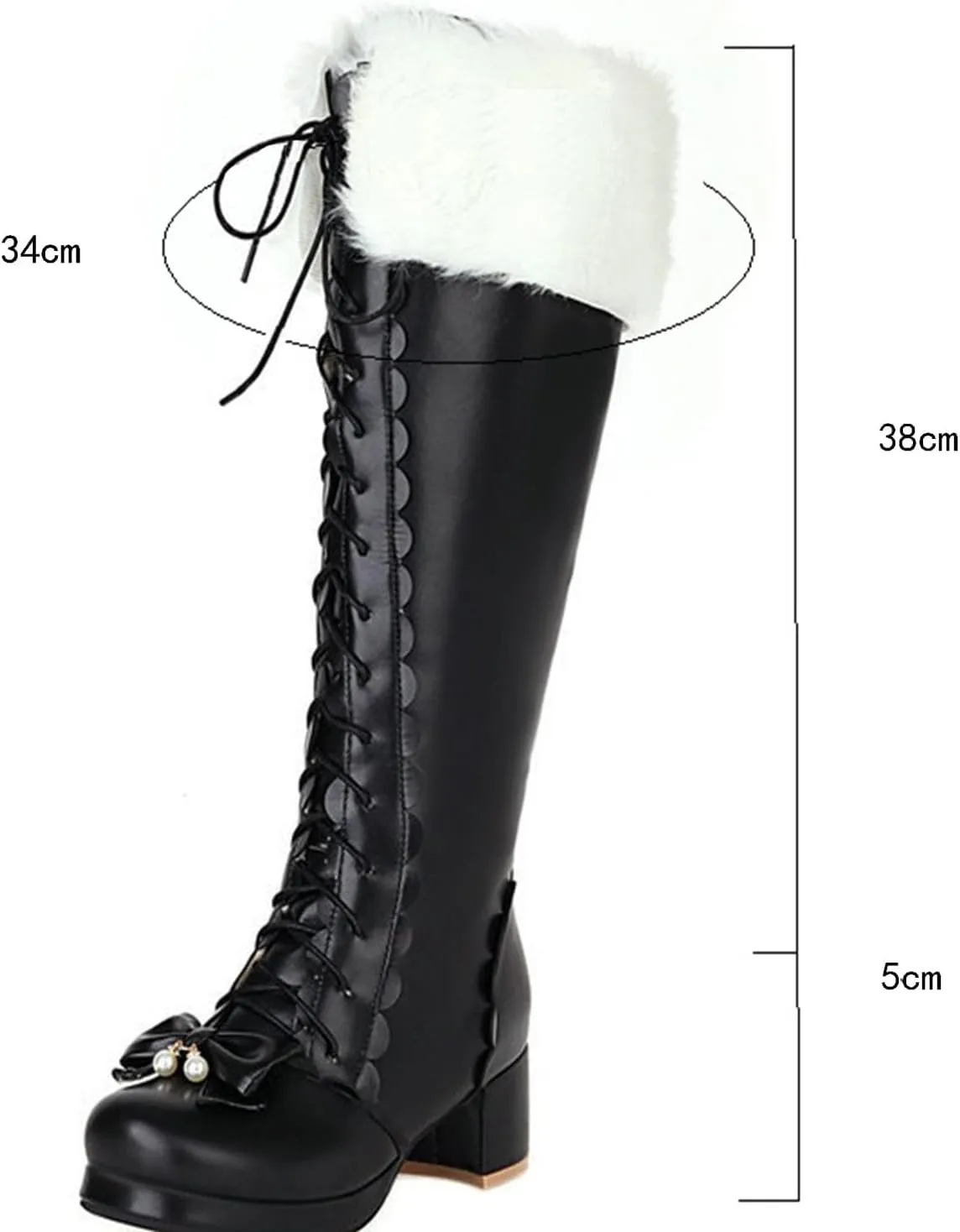 Snow Long Boots, Knee-High Boots Round-Toed, Thick Low-Heeled, Side Zipper, Front Lace-Up, Warm Women's Boots Large-Size Boots Decorated with Bow Laces
