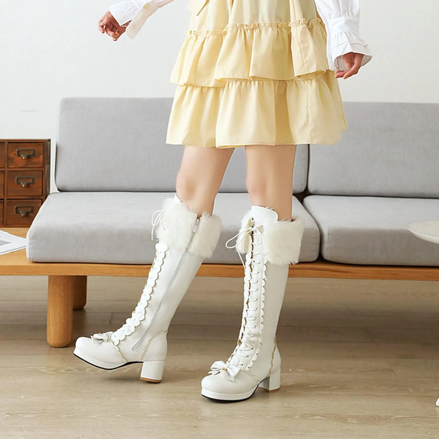 Snow Long Boots, Knee-High Boots Round-Toed, Thick Low-Heeled, Side Zipper, Front Lace-Up, Warm Women's Boots Large-Size Boots Decorated with Bow Laces