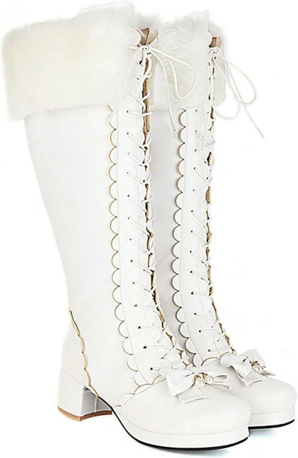 Snow Long Boots, Knee-High Boots Round-Toed, Thick Low-Heeled, Side Zipper, Front Lace-Up, Warm Women's Boots Large-Size Boots Decorated with Bow Laces